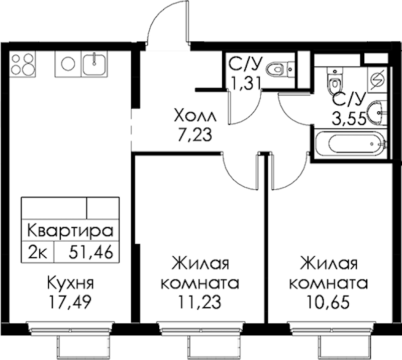2-комнатная квартира 51.46 м², 8/15 эт., ЖК «Янинский лес»